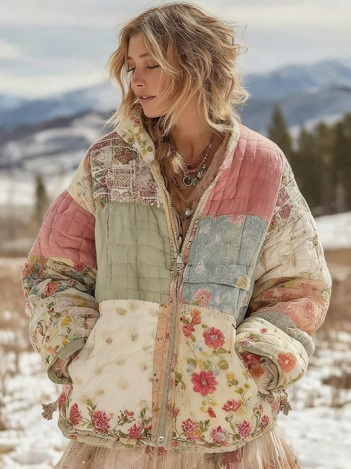 Femmes Floral Patchwork Chaud Coton Rembourré Vêtements