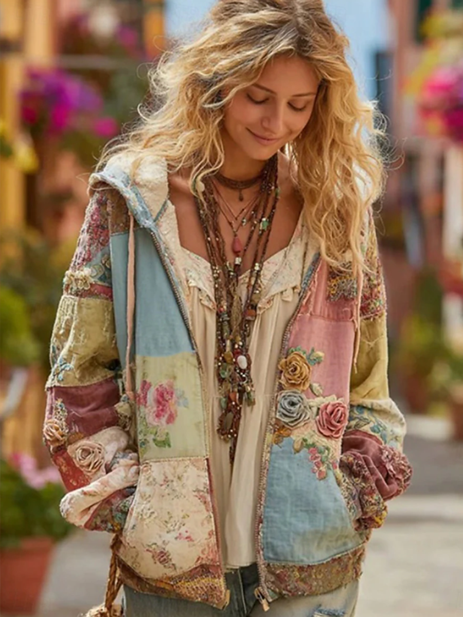 Sweat à capuche zippé imprimé fleurs femme