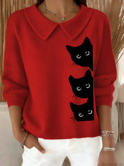 Femmes Funny Cat Print Cat Lovers Casual Baby Doll Collar Top