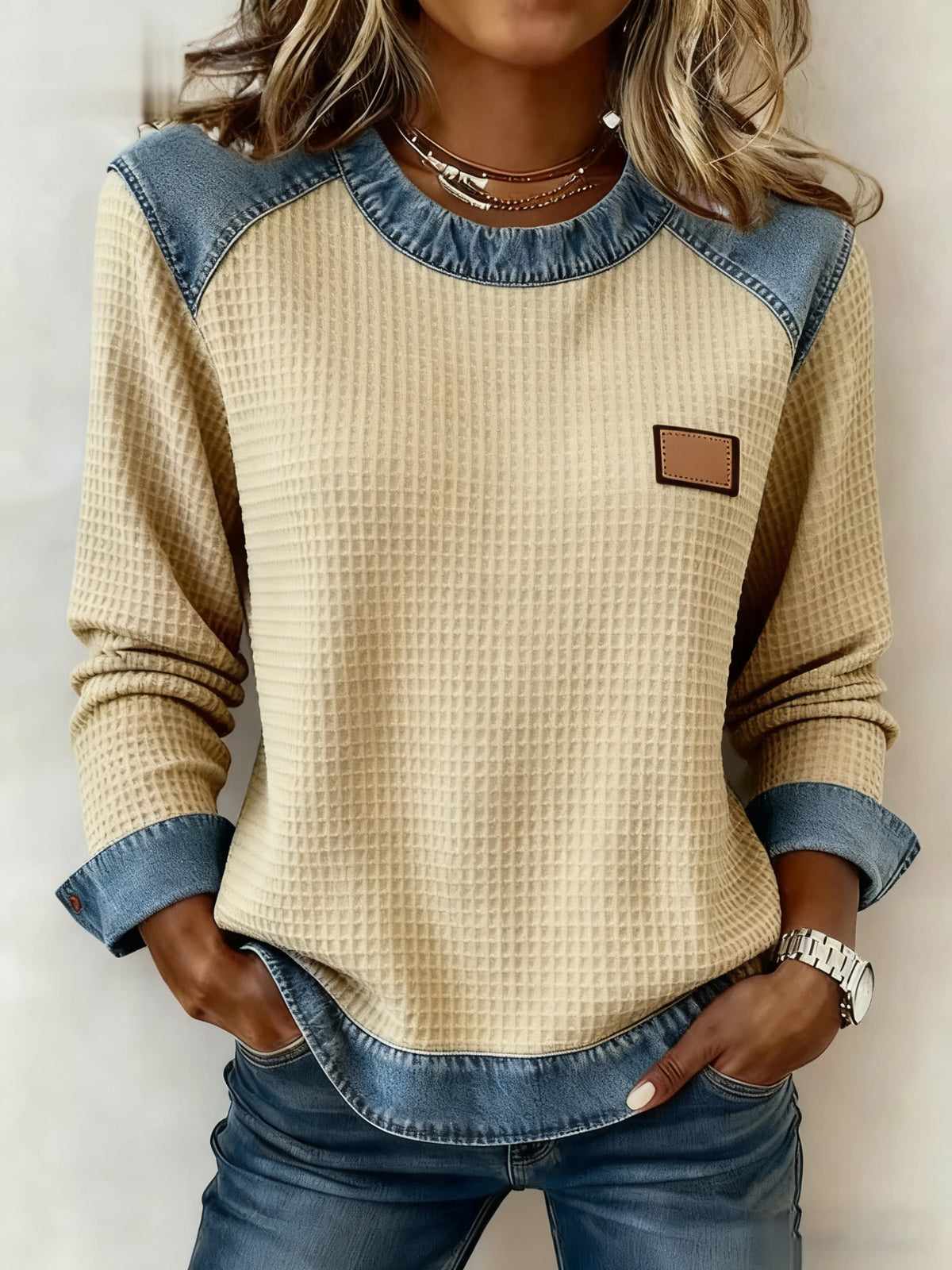 La mode Patchwork Design Waffle Sweatshirt des femmes