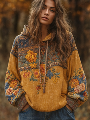 Sweat à Capuche Femme Imprimé Floral Bohémien à Cordon