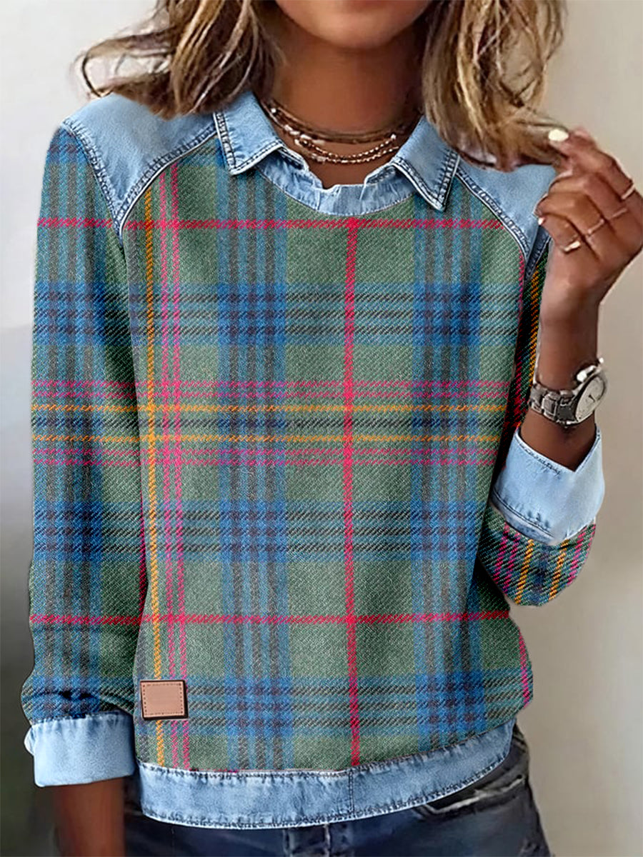 Vintage Plaid Pattern Patchwork Art Sweatshirt des femmes