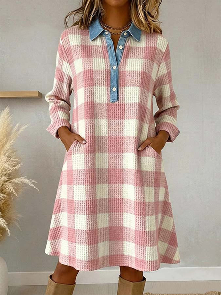Motif Plaid Rose Patchwork Art Robe Femme