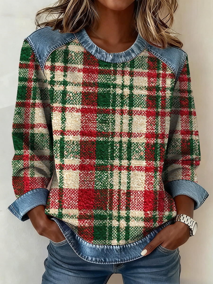 Sweat-shirt à col en jean à carreaux de Noël pour femmes
