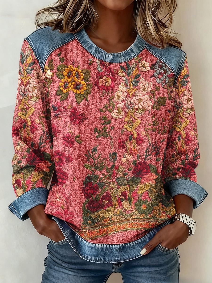 Women's Breast Cancer Awareness Floral 3D Imprimer Denim Sweatshirt