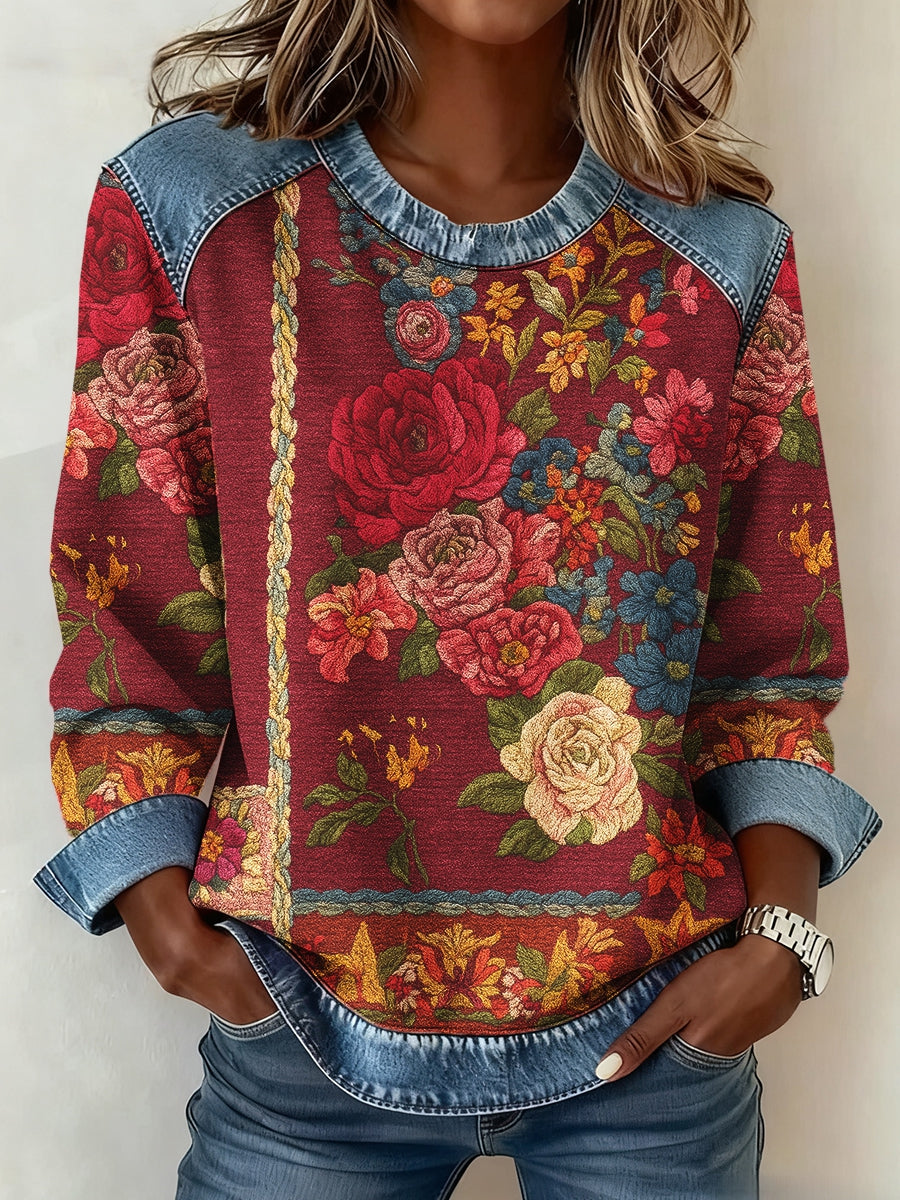 Women's Breast Cancer Awareness Floral 3D Imprimer Denim Sweatshirt