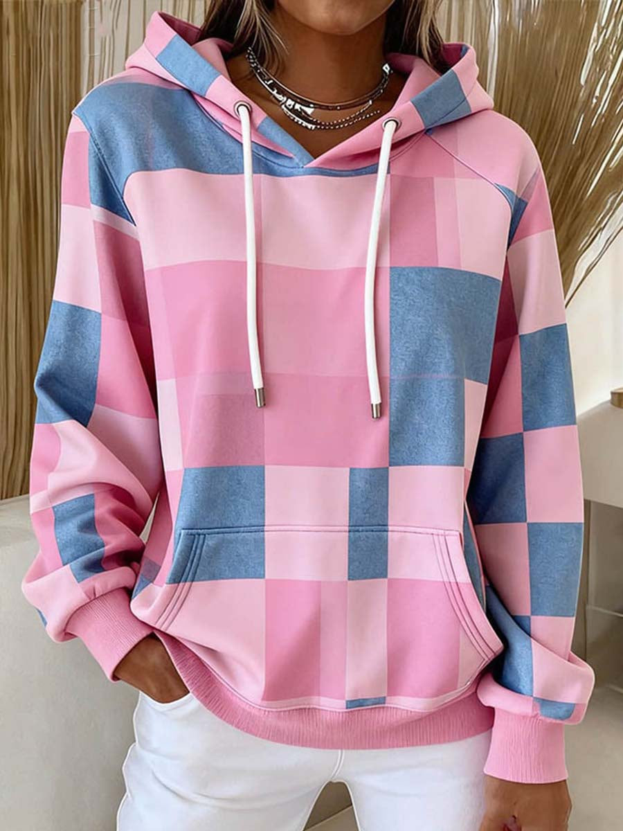 Sweat à capuche à motif à carreaux de couleur contrastée pour femmes