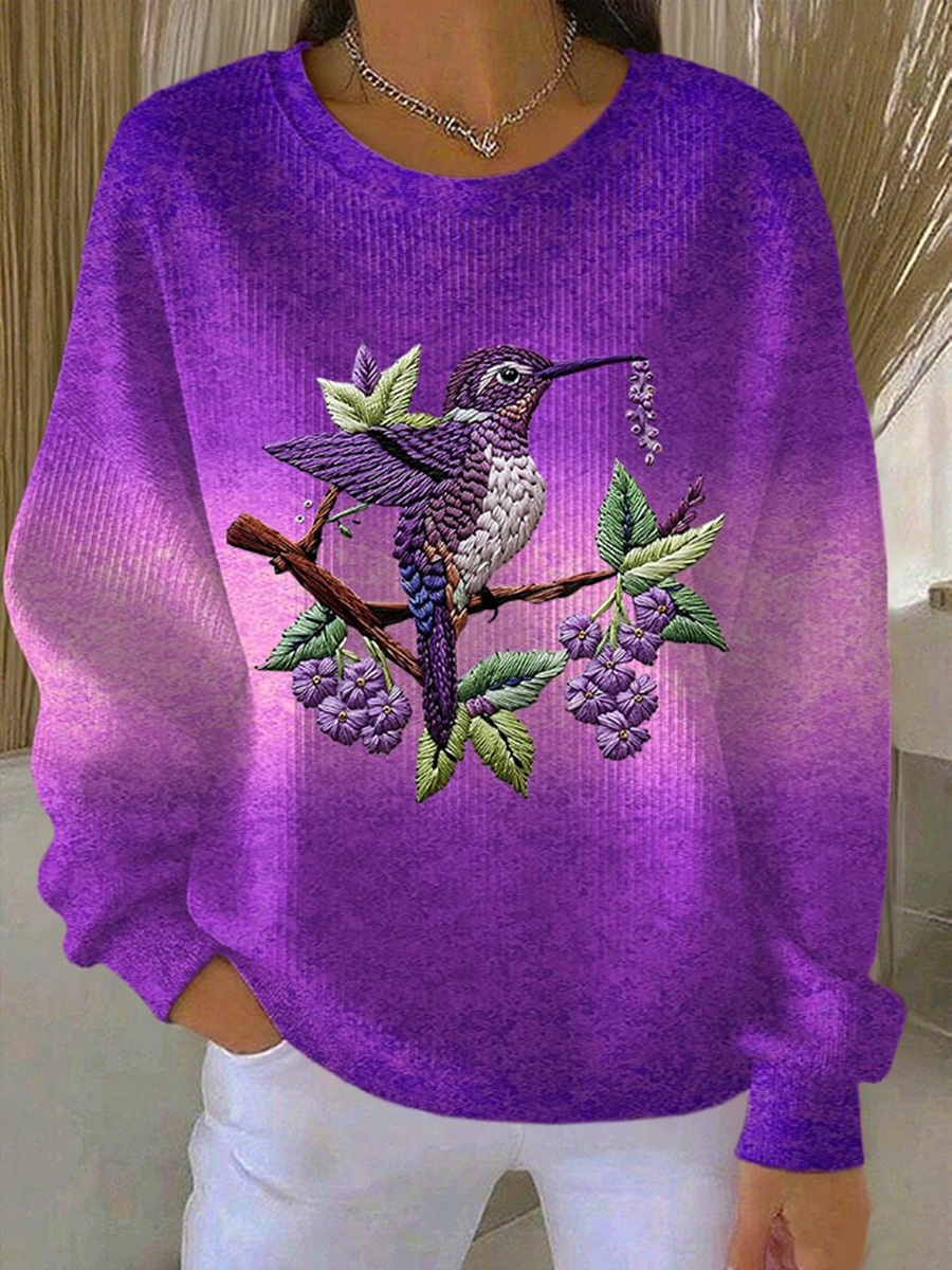 Sweat-shirt Décontracté Imprimé Floral Colibri Violet Pour Femme