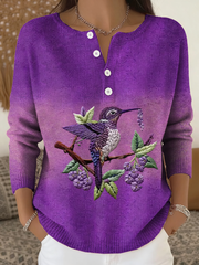 Cardigan femme manches longues violet dégradé imprimé floral colibri