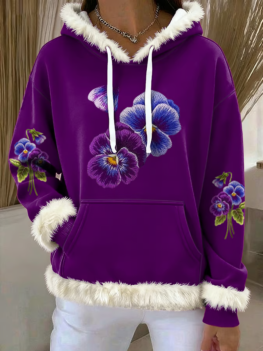 Femmes Violet Art Design Imprimé En Peluche À Capuche À Manches Longues Top