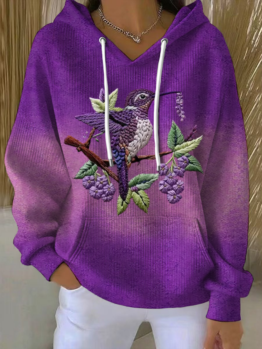 Sweat à Capuche Femme Violet Imprimé Floral Colibri