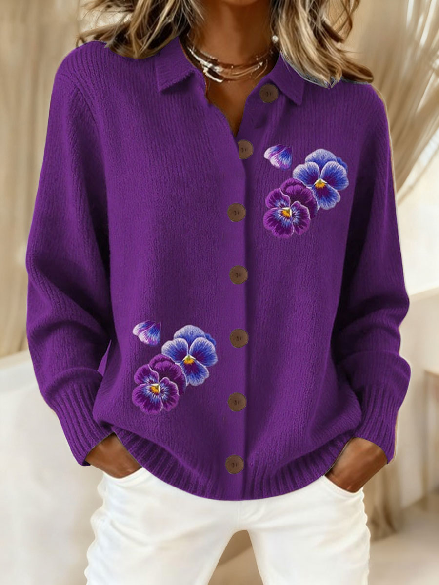 Cardigan en tricot de bouton à revers violet pour femmes