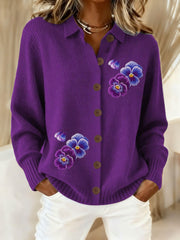 Cardigan en tricot de bouton à revers violet pour femmes
