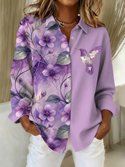 Chemise en lin décontractée à imprimé floral colibri violet pour femmes