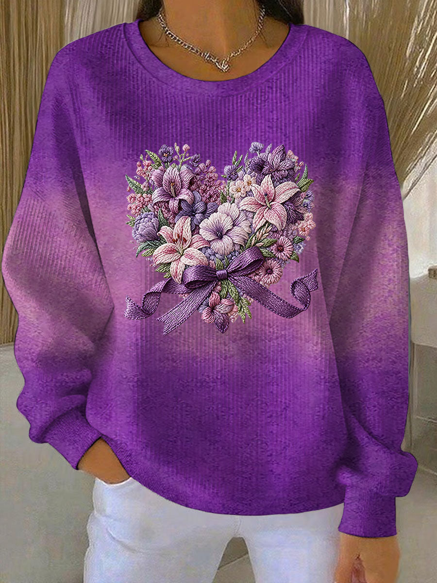Sweat-shirt Femme Côtelé Violet Imprimé Floral Dégradé Col Rond