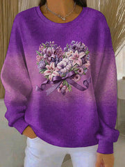 Sweat-shirt Femme Côtelé Violet Imprimé Floral Dégradé Col Rond