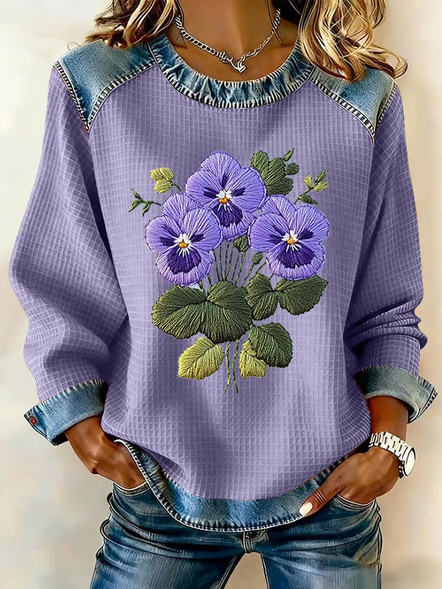 Purple Pansy Flowers Print Sweat-shirt décontracté pour femmes