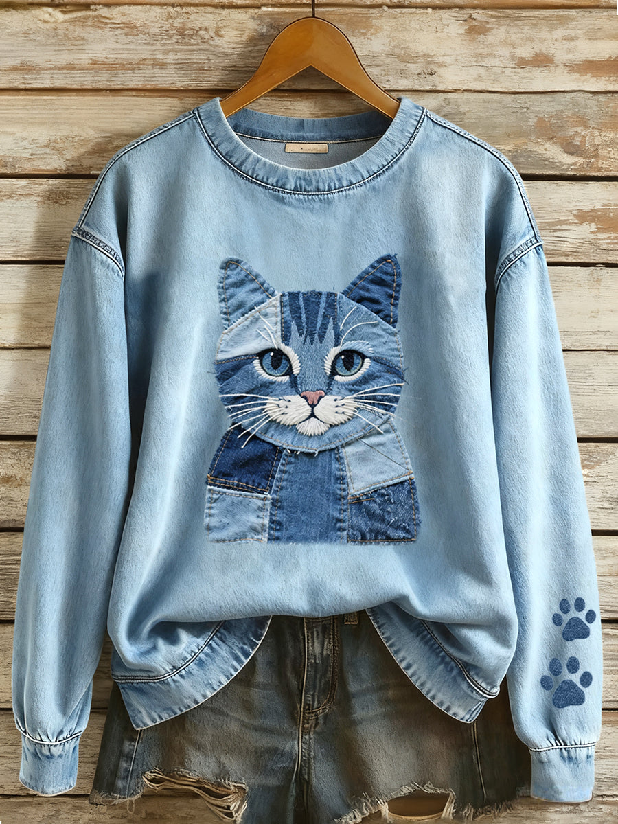 Femmes Denim Patchwork Art Cat Pattern Sweatshirt