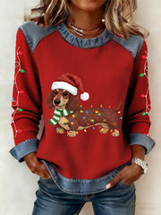 Femmes Lumières de Noël Teckel Imprimer Casual Denim Patchwork Top