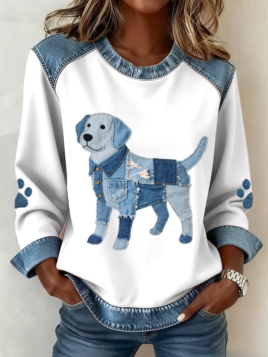 Femmes Labrador Retriever Motif Denim Patchwork Art Sweatshirt