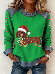 Femmes Lumières de Noël Teckel Imprimer Casual Denim Patchwork Top