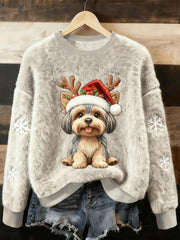 Pull en flanelle décontracté pour femmes, imprimé mignon de chien de Noël