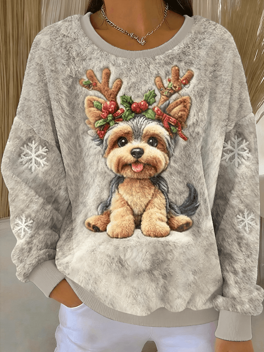 Pull en flanelle décontracté pour femmes, imprimé mignon de chien de Noël