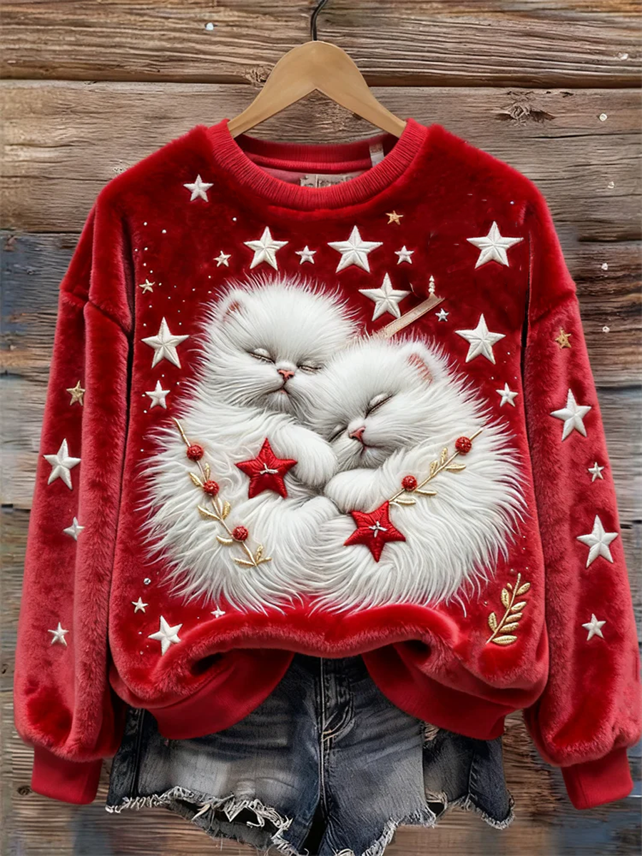 Sweat à Capuche Femme Imprimé Chat et Étoiles de Noël en Flanelle