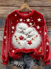Sweat à Capuche Femme Imprimé Chat et Étoiles de Noël en Flanelle