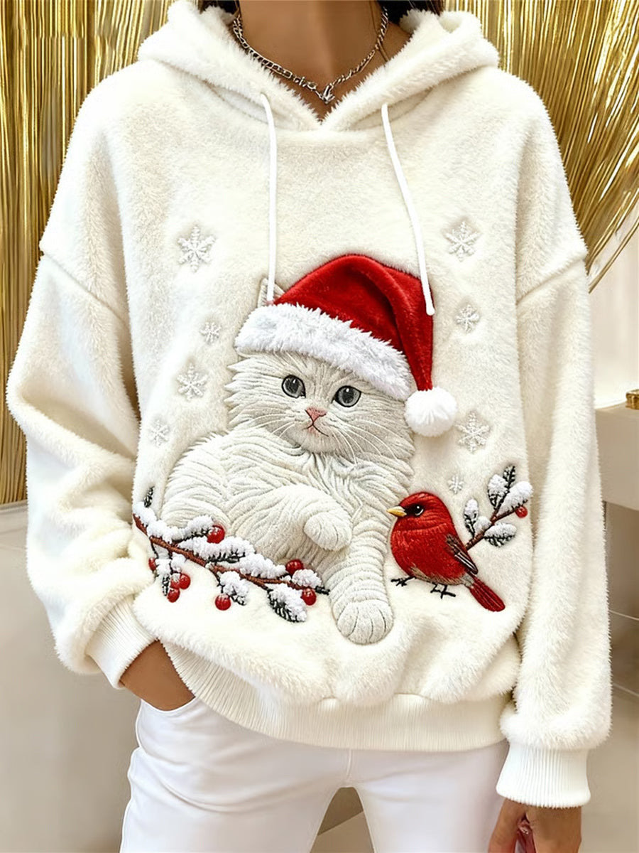 Mignon de Noël Cat Art Print Casual Flanelle Hoodie des femmes