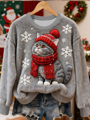 Mignon Noël Chat Art Imprimer Flanelle Casual Sweatshirt