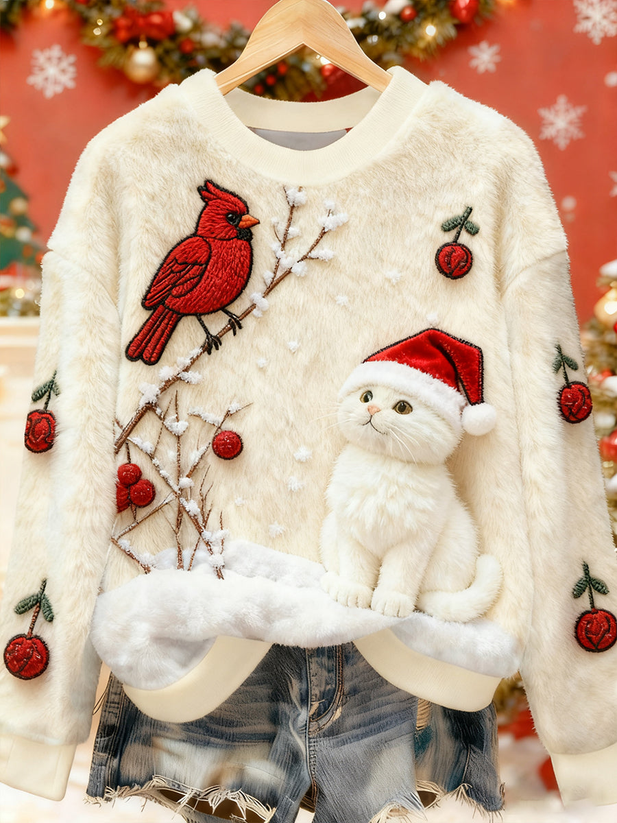 Pull en flanelle décontracté à imprimé d'art chat de Noël pour femmes