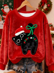 Mignon Noël Chat Art Imprimer Flanelle Casual Sweatshirt