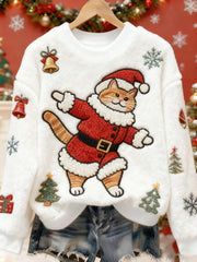 Funny Christmas Cat Art Print Casual Flannel Sweatshirt des femmes