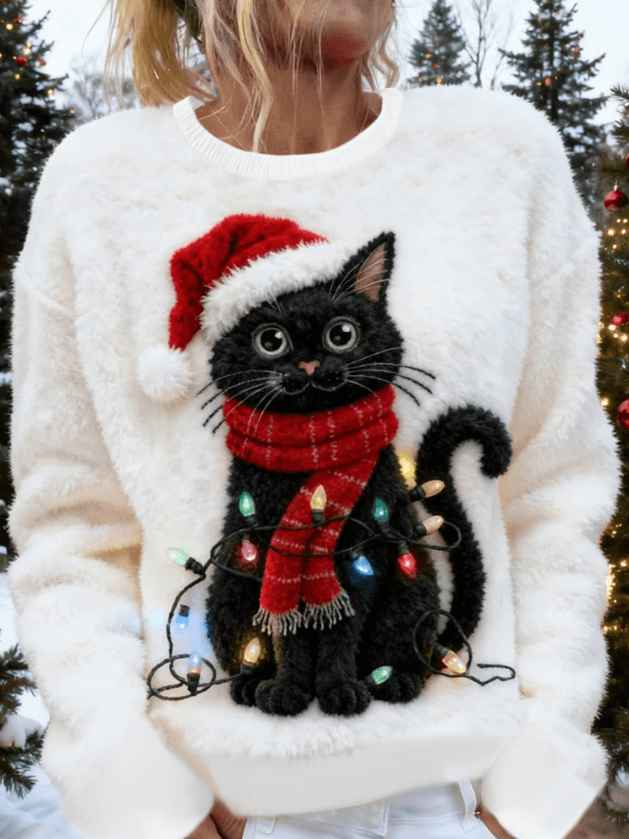 Pull en flanelle décontracté à imprimé d'art chat de Noël pour femmes