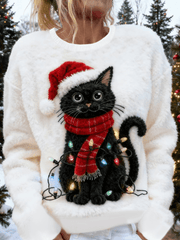 Pull en flanelle décontracté à imprimé d'art chat de Noël pour femmes