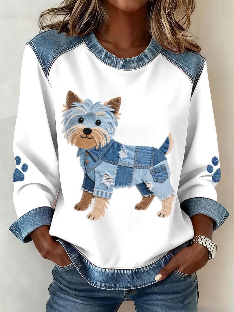 Les femmes Lovely Yorkshire Terrier chien modèle Denim Patchwork Sweatshirt