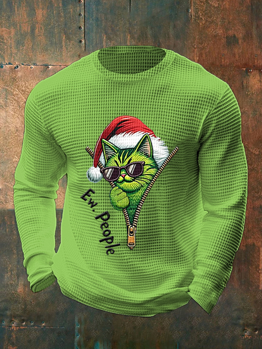 Funny Christmas Grinch Cat Print Casual Waffle Top à manches longues pour hommes