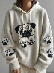 Mignon Pug broderie Art lâche confortable tricoté surdimensionné Sweat à capuche des femmes