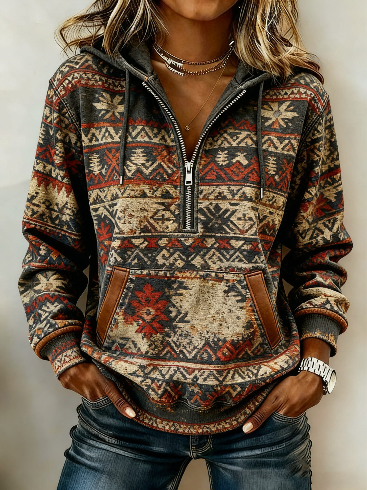 Sweat à capuche décontracté imprimé western vintage pour femmes