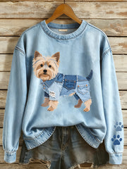 Femmes Denim Patchwork Yorkshire Terrier Chien Motif Sweatshirt