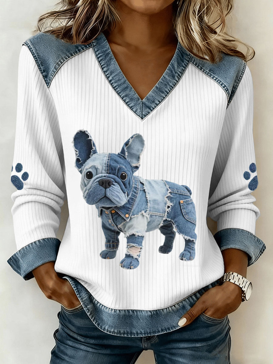 Femmes Français Bulldog Motif Denim Patchwork Art V-Neck Top