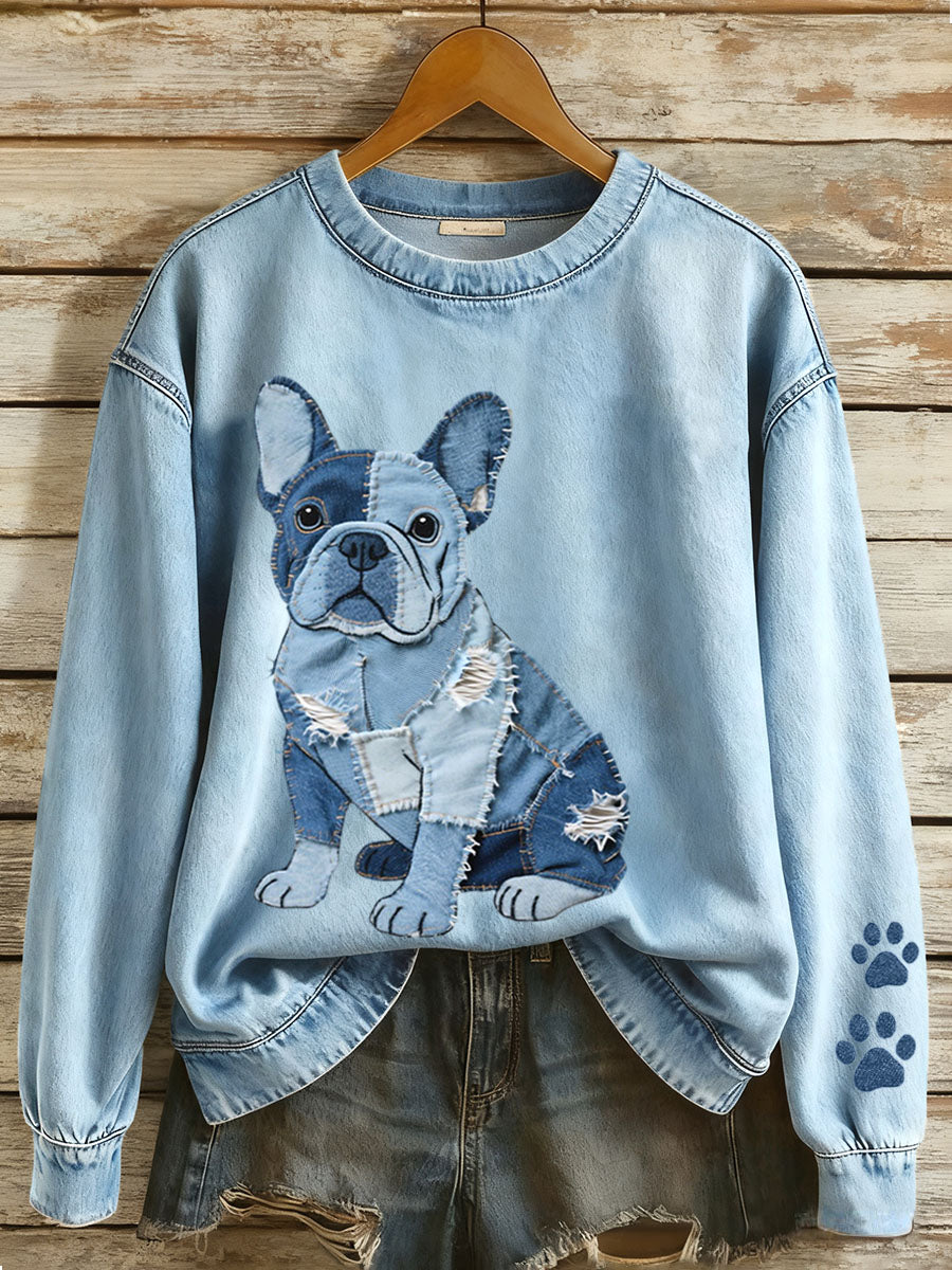Femmes Denim Patchwork Art Français Bulldog Motif Sweatshirt