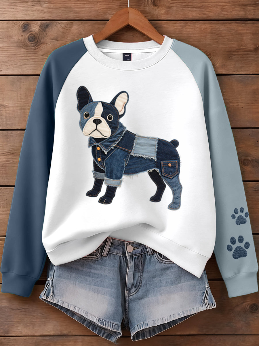 Femmes Denim Patchwork Art Français Bulldog Motif Sweatshirt
