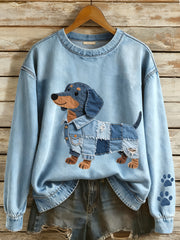 Femmes Denim Patchwork Art Teckel Chien Motif Sweatshirt