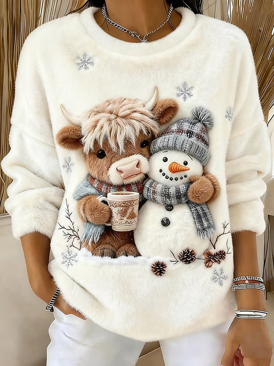 Sweat-shirt en flanelle à imprimé mignon Highland et bonhomme de neige pour femmes