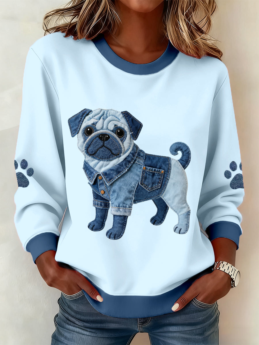 Lovely Pug Dog Denim Patchwork Sweatshirt Femme