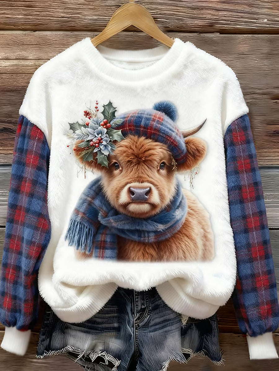 Mignon Highland Vache Plaid Imprimer Flanelle Casual Sweatshirt Femme