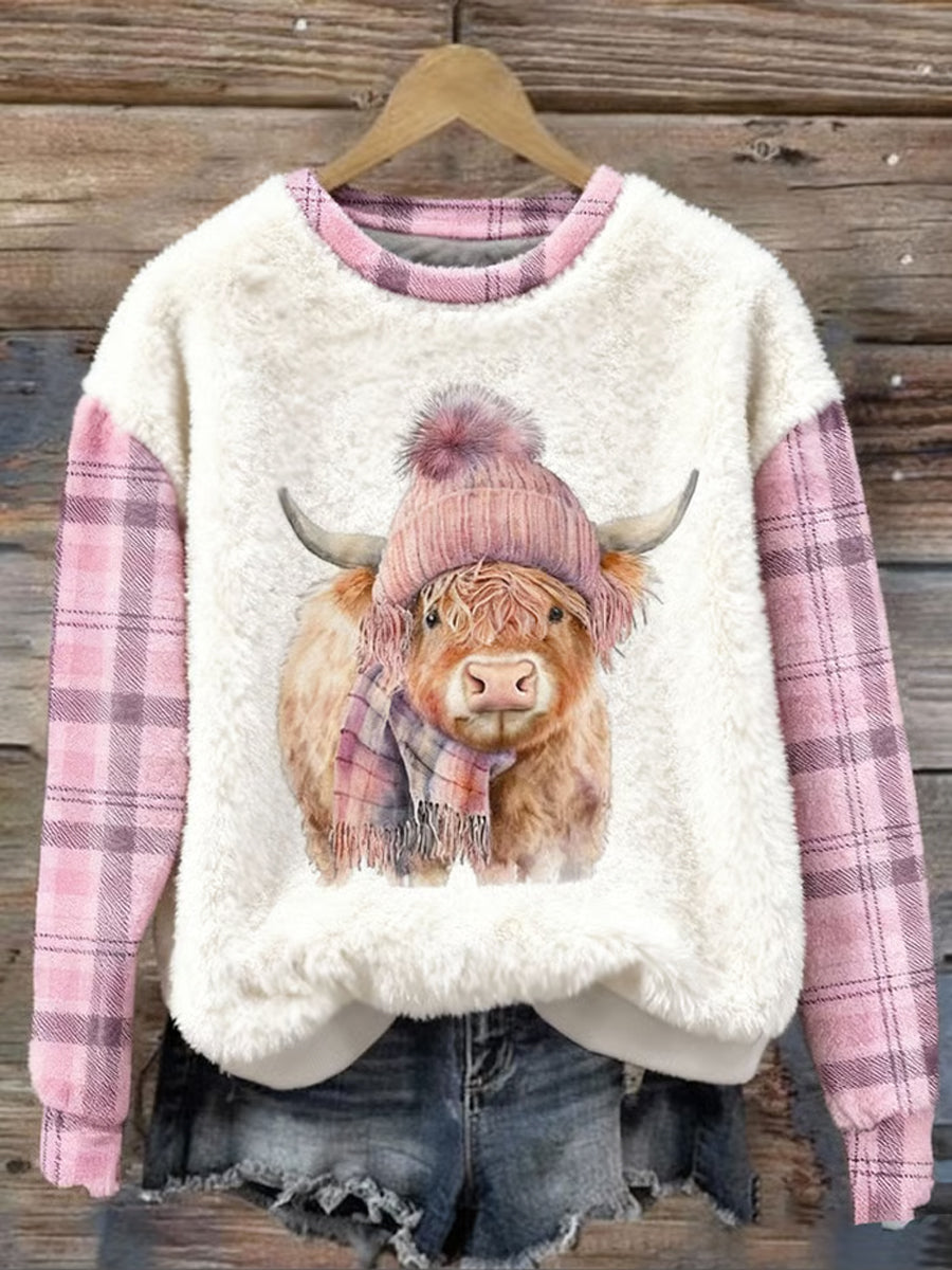Mignon Highland Vache Plaid Imprimer Flanelle Casual Sweatshirt Femme