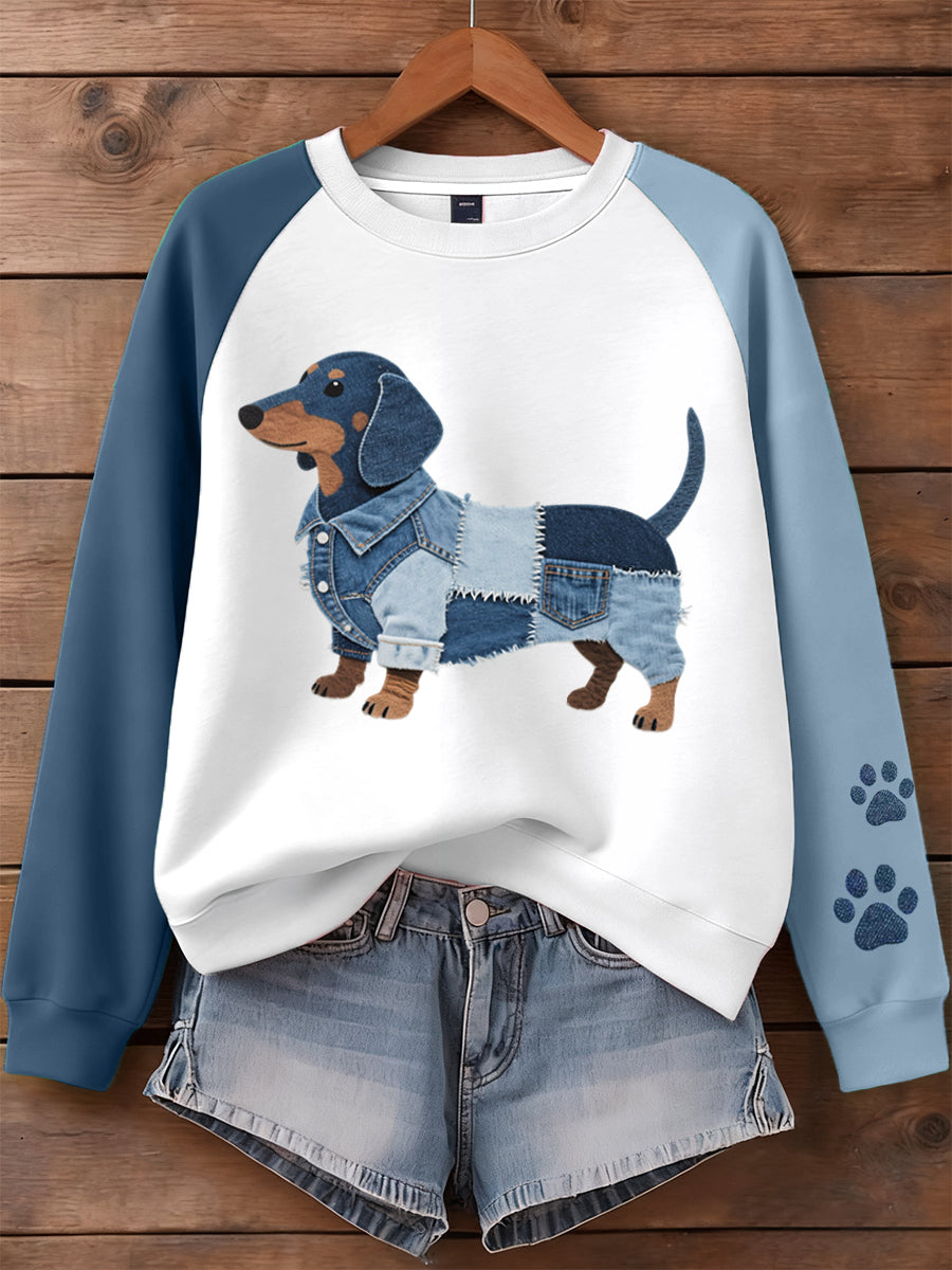 Femmes Denim Patchwork Art Teckel Chien Motif Sweatshirt